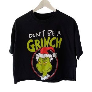Don't Be A Grinch Crop T Shirt Women Size Large Black Green Crew Neck Christmas